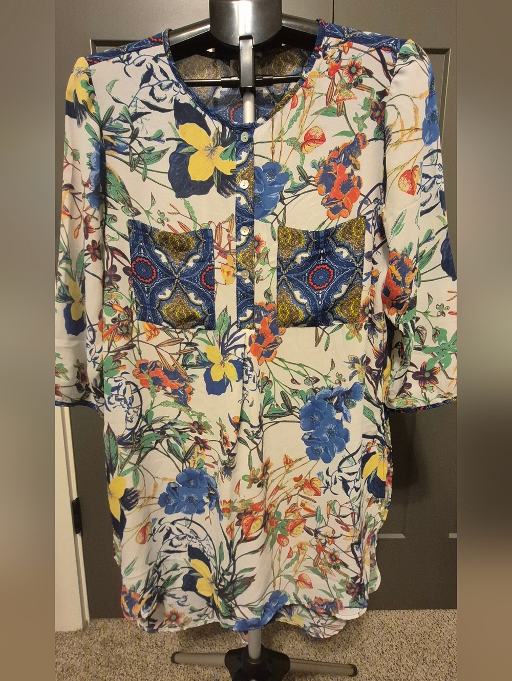 Fig & Flower Floral Boho Blouse Patchwork Pocket Top Cottagecore Blue Yellow - Picture 2 of 7